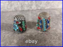 2 Dés à coudre. Émail Cloisonné Russe. Argent Massif non poinçonné. Vers 1880