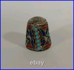 2 Dés à coudre. Émail Cloisonné Russe. Argent Massif non poinçonné. Vers 1880