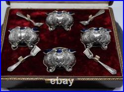 4 Salerons + 4 Pelles Argent Massif Poincon Minerve 1 Er Titre Decor Louis XV