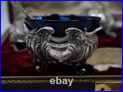 4 Salerons + 4 Pelles Argent Massif Poincon Minerve 1 Er Titre Decor Louis XV