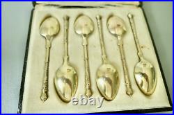6 Anciennes Cuillères Russe Thé Café, Argent Massif et Vermeil Poinçon Sanglier