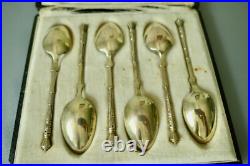 6 Anciennes Cuillères Russe Thé Café, Argent Massif et Vermeil Poinçon Sanglier