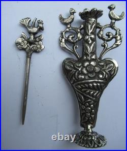 ANCIEN ARGENT MASSIF SOLID SILVER FLACON à Khôl poinçon tète de maure 11 cm 46 g