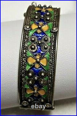 Ancien Bijou Bracelet Argent Massif Poinçon Floral Émaillé Jaune Bleu Vert J150