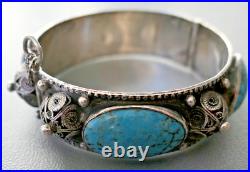 Ancien Bracelet Turquoise Berbere En Argent Massif Poinçon Crabe Kabyle Maroc