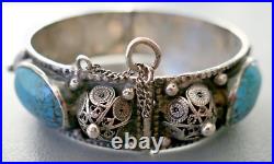 Ancien Bracelet Turquoise Berbere En Argent Massif Poinçon Crabe Kabyle Maroc