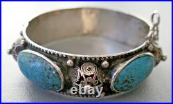 Ancien Bracelet Turquoise Berbere En Argent Massif Poinçon Crabe Kabyle Maroc