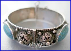 Ancien Bracelet Turquoise Berbere En Argent Massif Poinçon Crabe Kabyle Maroc