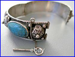 Ancien Bracelet Turquoise Berbere En Argent Massif Poinçon Crabe Kabyle Maroc
