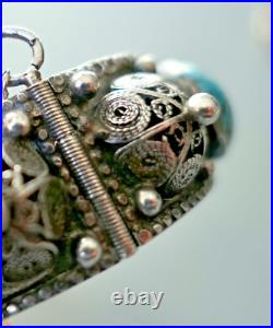 Ancien Bracelet Turquoise Berbere En Argent Massif Poinçon Crabe Kabyle Maroc