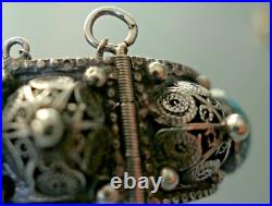 Ancien Bracelet Turquoise Berbere En Argent Massif Poinçon Crabe Kabyle Maroc