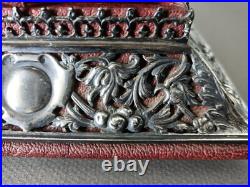 Ancien Coffret A Bijoux Anglais Argent Massif Poinçonné Sur Coffret Cuir Signé
