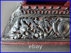 Ancien Coffret A Bijoux Anglais Argent Massif Poinçonné Sur Coffret Cuir Signé