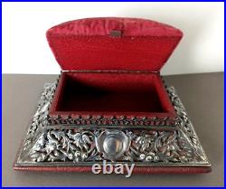 Ancien Coffret A Bijoux Anglais Argent Massif Poinçonné Sur Coffret Cuir Signé