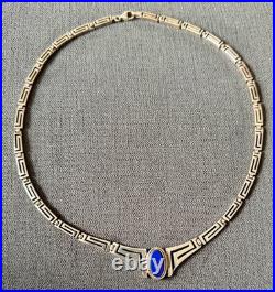 Ancien Collier Maille Grec en Argent Massif Sertie d'un Lapis Lazuli Poinçon 925
