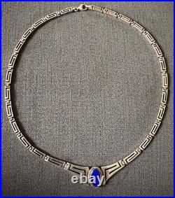 Ancien Collier Maille Grec en Argent Massif Sertie d'un Lapis Lazuli Poinçon 925