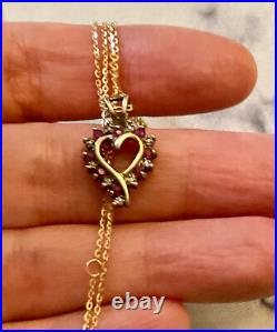 Ancien Pendentif Coeur Vermeil Et Chaîne Rubis Diamant Argent Massif Poinçons