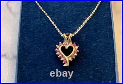 Ancien Pendentif Coeur Vermeil Et Chaîne Rubis Diamant Argent Massif Poinçons