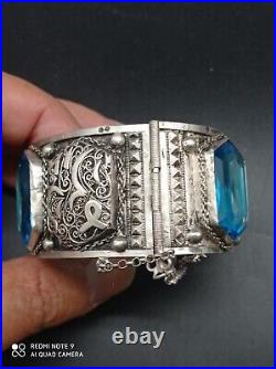 Ancien gros Bracelet manchette Berbère Maghreb en argent massif Poinçonné