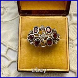 Ancienne Bague Argent Massif Grenat Et Perle Fine Poinçon