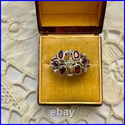 Ancienne Bague Argent Massif Grenat Et Perle Fine Poinçon