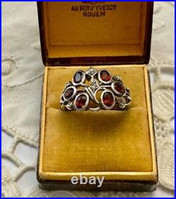 Ancienne Bague Argent Massif Grenat Et Perle Fine Poinçon