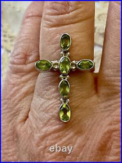 Ancienne Bague Croix Argent Massif Péridot Ouvragée Poinçon