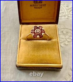 Ancienne Bague Fleur Argent Massif Vermeil Grenat Poinçon