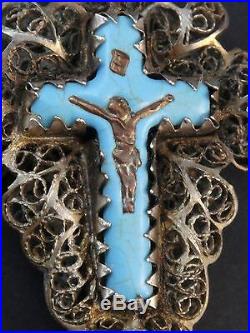 Ancienne grande croix argent massif filigrane émaillé Allemagne poinçon 13 lot
