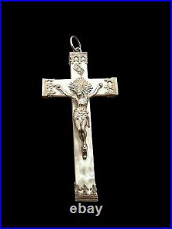 Antique Grande Croix Nacre Argent Massif Pendentif 19E Unisexe Poinçon Sanglier