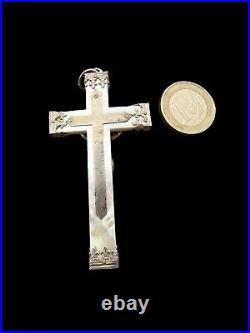 Antique Grande Croix Nacre Argent Massif Pendentif 19E Unisexe Poinçon Sanglier
