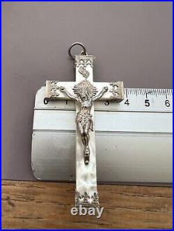 Antique Grande Croix Nacre Argent Massif Pendentif 19E Unisexe Poinçon Sanglier