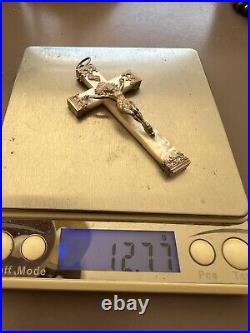 Antique Grande Croix Nacre Argent Massif Pendentif 19E Unisexe Poinçon Sanglier