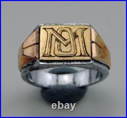 Art Deco bague chavalière en argent massif et or 18K poinçon aigle sanglier T53