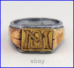 Art Deco bague chavalière en argent massif et or 18K poinçon aigle sanglier T53
