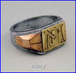 Art Deco bague chavalière en argent massif et or 18K poinçon aigle sanglier T53