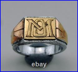 Art Deco bague chavalière en argent massif et or 18K poinçon aigle sanglier T53