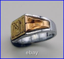 Art Deco bague chavalière en argent massif et or 18K poinçon aigle sanglier T53