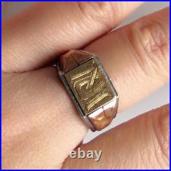 Art Deco bague chavalière en argent massif et or 18K poinçon aigle sanglier T53