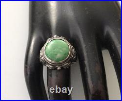 Bague Argent Massif Turquoise Ancienne Antique Floral 19ème Taille 54.5 Poinçon
