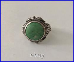 Bague Argent Massif Turquoise Ancienne Antique Floral 19ème Taille 54.5 Poinçon