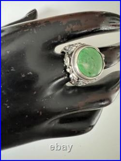 Bague Argent Massif Turquoise Ancienne Antique Floral 19ème Taille 54.5 Poinçon