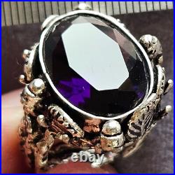 Bague naturaliste argent massif poinçon 925 avec grosse améthyste ovale taillée