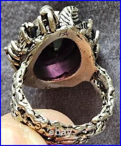 Bague naturaliste argent massif poinçon 925 avec grosse améthyste ovale taillée