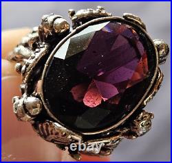 Bague naturaliste argent massif poinçon 925 avec grosse améthyste ovale taillée