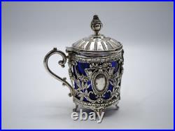 Beau Moutardier Argent Massif Poincon Minerve Et Verre Bleu Epoque 19 Eme