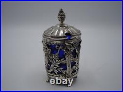 Beau Moutardier Argent Massif Poincon Minerve Et Verre Bleu Epoque 19 Eme