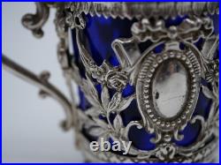 Beau Moutardier Argent Massif Poincon Minerve Et Verre Bleu Epoque 19 Eme