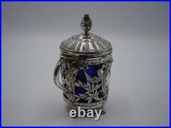 Beau Moutardier Argent Massif Poincon Minerve Et Verre Bleu Epoque 19 Eme