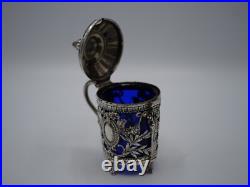 Beau Moutardier Argent Massif Poincon Minerve Et Verre Bleu Epoque 19 Eme